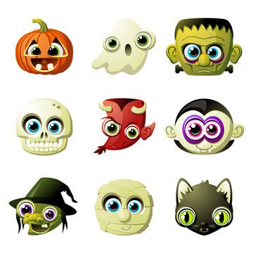 Vector set of Halloween character heads that includes a pumpkin, a ghost, a zombie, a skeleton, a devil, a vampire, a witch, a mummy and a zombie black cat.
