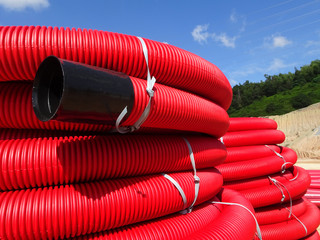 HDPE corrugated pipe with double-wall strength at the construction site. Used to protect...