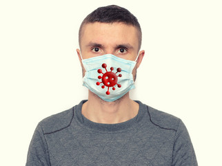 Portrait of brunette man in a surgical bandage on a  white background, coronavirus, illness, infection, quarantine, medical mask