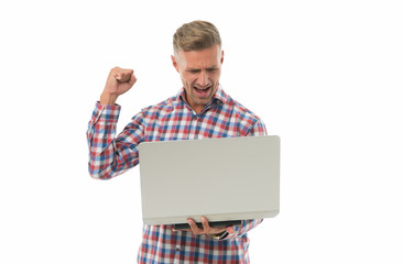 Online betting site. Happy man bet online isolated on white. Online casino and gambling. Computer online gaming. Playing computer video games. New technology. Modern life. Plug and play