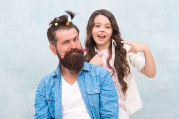 Looking good. hairdresser and barbershop. happy family day. small girl play with dad. bearded man...