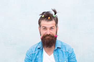 comic faces and emotions. Positive amazed man. Funny portrait of man with funny hairstyle. barbershop and hairdresser. happy fathers day. charismatic hipster. Having fun party. looking childish