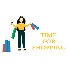 Trendy cartoon woman carry shopping bags enjoy big sale isolated on white. Colorful female shopaholic holding purchases during seasonal discount vector flat illustration. Happy lady with packages