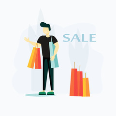Smiling cartoon man holding heap of shopping bag enjoy discount vector flat illustration. Happy colored guy standing with package during sale isolated on white background. Positive shopaholic male