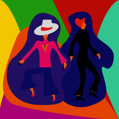 The man and woman are standing on abstract color background.