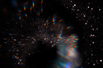 Easy to add lens flare effects for overlay designs or screen blending mode to make high-quality images. Abstract sun burst, digital flare, iridescent glare over black background. Defocused bokeh. - obrazy, fototapety, plakaty