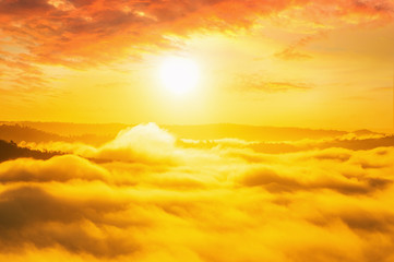 Heatwave hot sun. Climate Change. Global Warming.Beautiful landscape in the mountains at sunrise.Mountain Mist in sunrise,mist on sunrise,mist over mountain during sunrise