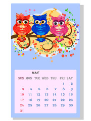 Calendar 2021. Cute calendar with funny cartoon owls