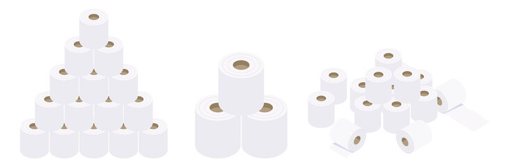 アイソメトリック　積み重なった　乱雑とした　並べたトイレットペーパー　イラストセット　