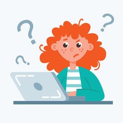 Confused girl in front of the computer