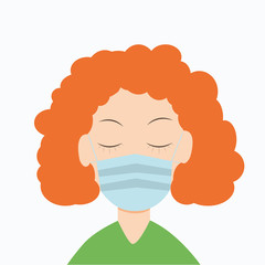 Red haired girl wearing medical mask to protect her health from virus and flue. Vector illustration