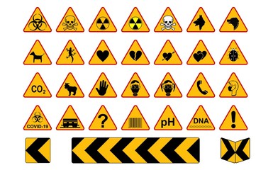 Invented and standard road signs from the warning family.