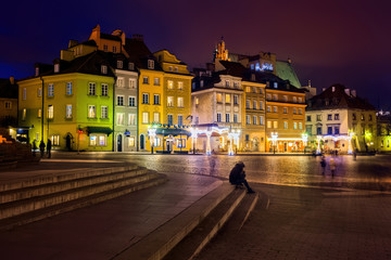 Night in Old Town of Warsaw City in Poland