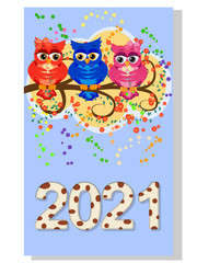 Calendar 2021. Cute calendar with funny cartoon owls