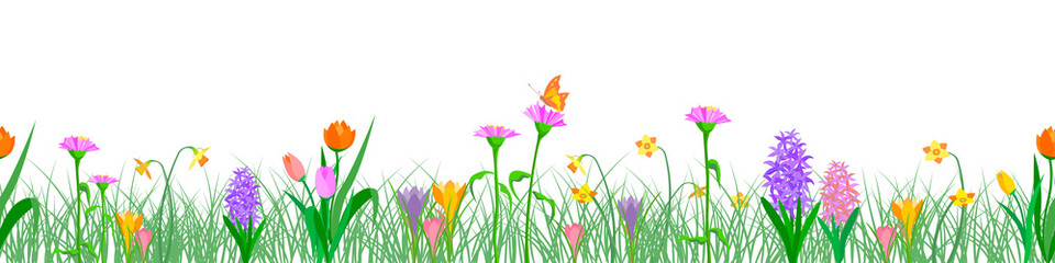 Background seamless extendable to endless pattern of colored spring flowers: hyacinth, tulip, crocus, narcissus. Vector
Isolated illustration on white background in flat style.