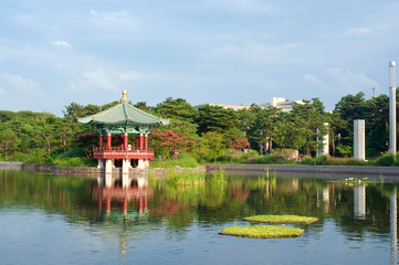 Pagoda with pond in summer in Seoul