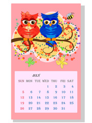 Calendar 2021. Cute calendar with funny cartoon owls