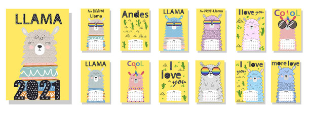 Cute monthly calendar of 2021 with a llama, cactus, inscriptions in the Scandinavian children's style. For web, banners, posters, labels and print.