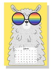 Cute monthly calendar of 2021 with a llama, cactus, inscriptions in the Scandinavian children's style. For web, banners, posters, labels and print.