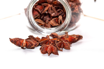 Close-up of various dried star anise capsules (Illicium verum)