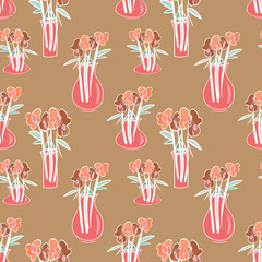 Seamless Pattern of Flowers in Vase. Hand Drawn Illustration.