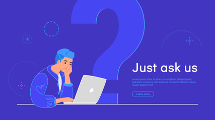 Upset and bored teenager sitting with laptop and big question symbol behind