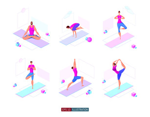 Fototapeta na wymiar Trendy flat illustration. Yoga poses set. Yoga Lifestyle. Man and woman doing yoga. Activity. Fitness. Template for your design works. Vector graphics.