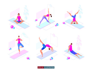 Fototapeta na wymiar Trendy flat illustration. Yoga poses set. Yoga Lifestyle. Man and woman doing yoga. Activity. Fitness. Template for your design works. Vector graphics.