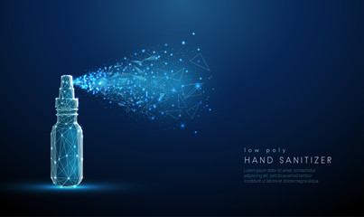 Low poly blue hand sanitizer spraying around - obrazy, fototapety, plakaty