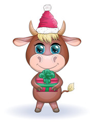 Cute cartoon cow, bull with a Christmas present and in a red santa claus hat, symbol 2021 on the eastern calendar
