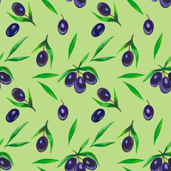 Olives with leaves on a green background. Seamless pattern for textile, paper, packaging, wallpaper.
