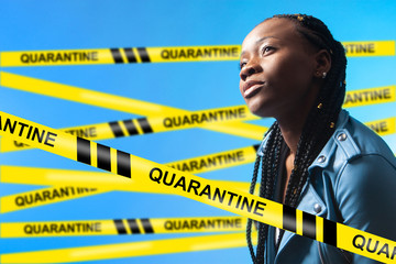An African-American woman against a background of yellow restraining tapes with the words...