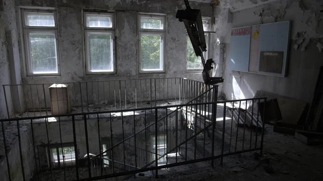 Chernobyl Exclusion Zone. Abandoned and Secret Chernobyl-2 Town. Wide Dolly Shot