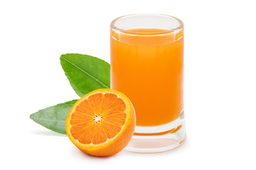 100% Orange juice with green leaf  isolated on white background,  