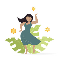 Dancing fun young woman with black hair in a dress. Tropical background. Vector illustration.