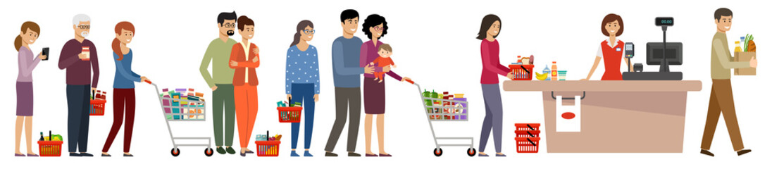 Grocery store queue. People with shopping carts and basket with food