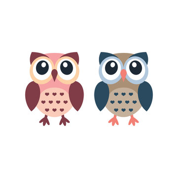 Cute owl colorful cartoon. Owlet in pink and brown adorable funny illustration.
