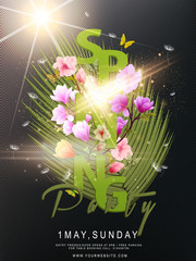 Spring festival poster or flyer design with spring flowers, sample text on black background. It is perfect for any kind of party or wedding. With this poster design you will grab everyone’s attention.