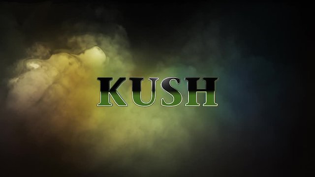 Kush dark chrome text with colorful smokey background