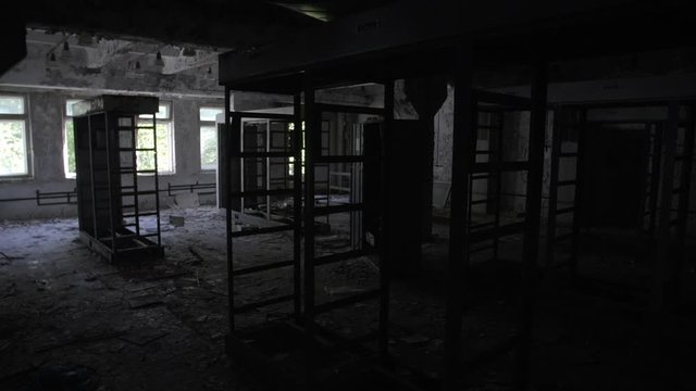 Server Racks Inside Duga Radar Control building in Abandoned and Secret Chernobyl-2 Town. Wide Dolly Shot