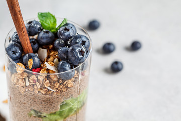 Chocolate chia pudding with fruits, granola and berries in glass, copy space.