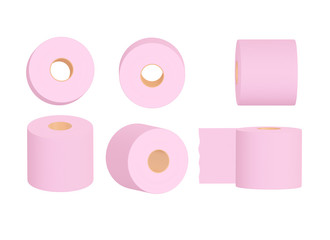 Set of pink toilet paper rolls on white background
