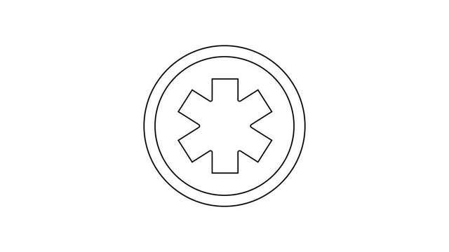 Black line Medical symbol of the Emergency - Star of Life icon isolated on white background. 4K Video motion graphic animation
