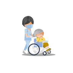 Male Nurse on a walk with disabled grandmother or grandfather in a wheelchair. Illustration of a flat design. Old woman or man in rehabilitation on a hospital. Caring for the elderly.