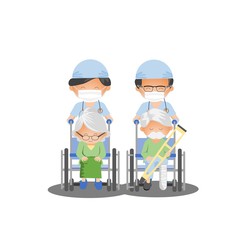 Male Nurse on a walk with disabled grandmother or grandfather in a wheelchair. Illustration of a flat design. Old woman or man in rehabilitation on a hospital. Caring for the elderly.