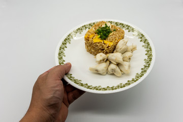 Hand serving Fried rice with egg along with premium lump crab meat and topped with chopped spring onion. Favorite Thai seafood dish isolated on white