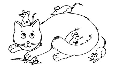 Hand drawing. Cat catches only a toy mouse. Outline. Vector. Drawn in ink, felt-tip pen, marker on paper. A careless quick sketch. Comic cartoon style. Black and white. Isolated on a white background.