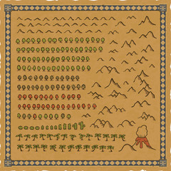 Vector set of hills, mountain, volcano, colorful tree, palm tree and cactus icons for maps. Includes a worn parchment background and an ornate blue medieval frame with floral patterns. © Fantasy Maps