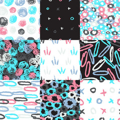 Universal various vector seamless patterns. Endless texture can be used for wallpaper, pattern fills, web page background, surface textures, greetings, cards. Set of hand drawn ornaments with grunge