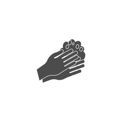 Washing hands with soap. Flat gray contour vector icon. Isolated. Hands and a drop of water